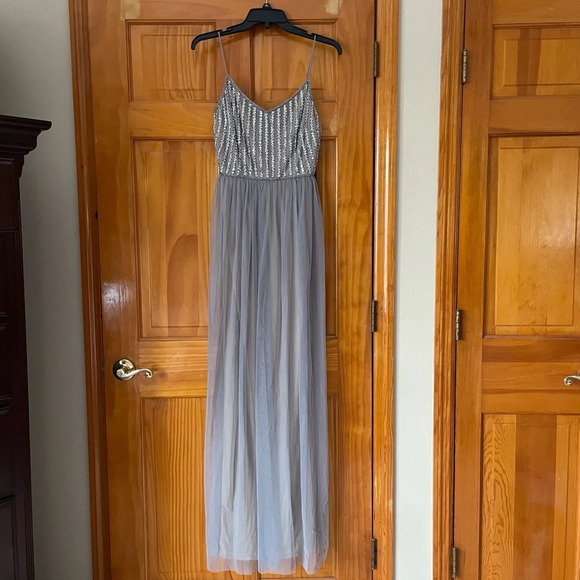 Adrianna Papell Anthropologie Laurent Gray Silver MOB MOG Maxi Gown Dress Sz 4 - Picture 1 of 12